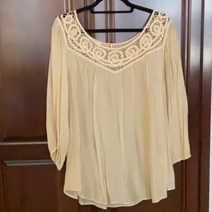 GRAND & GREENE Blouse with Open Weave Top in Tan - Size XL